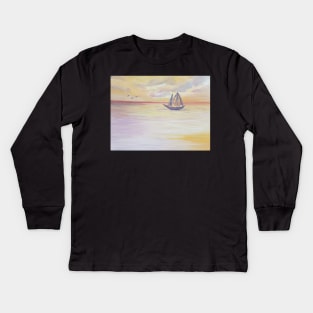 Boat sailing on the ocean oil painting Kids Long Sleeve T-Shirt